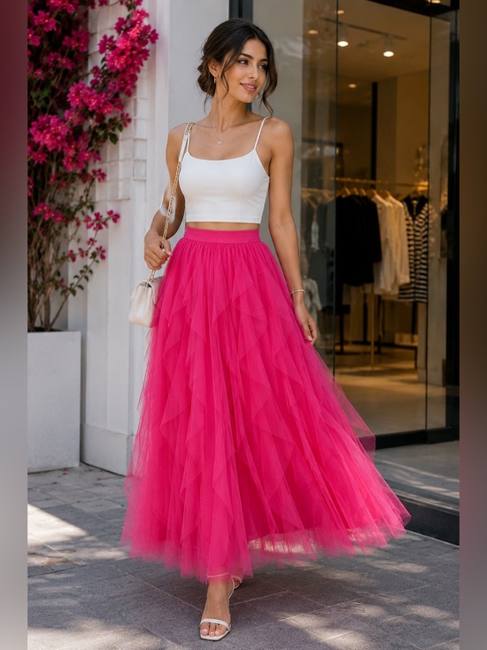 Dresses & Skirts - Women's Hot Pink Tulle Maxi Skirt - Elegant Layered Design